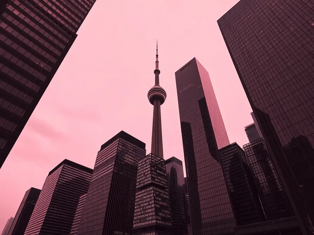 A high-contrast, wide-angle architectural shot of the Toront