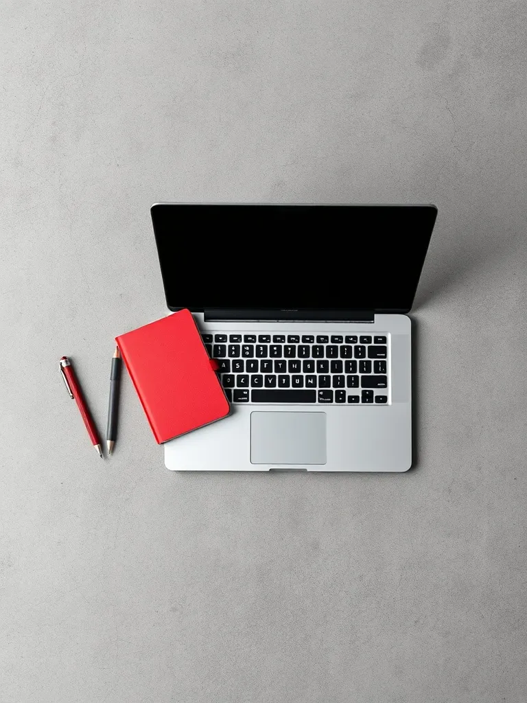 A minimalist office desk with a silver laptop, a red noteboo
