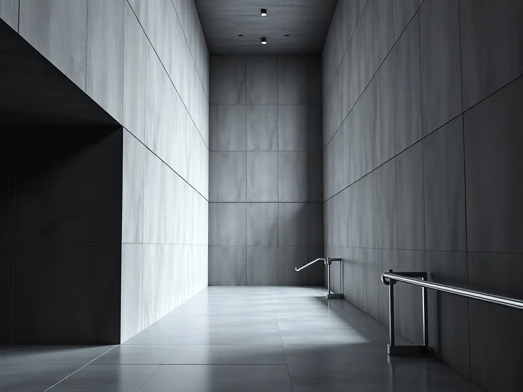 A clean, minimalist architectural interior with sharp lines,