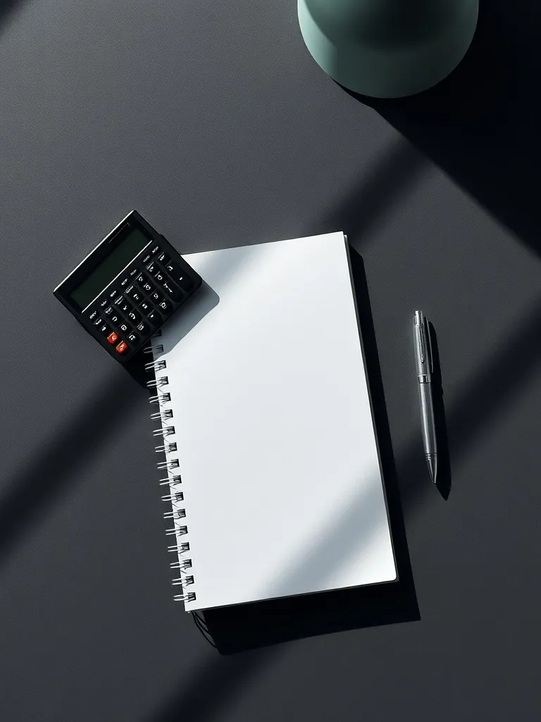 Minimalist architectural office desk with a calculator, note