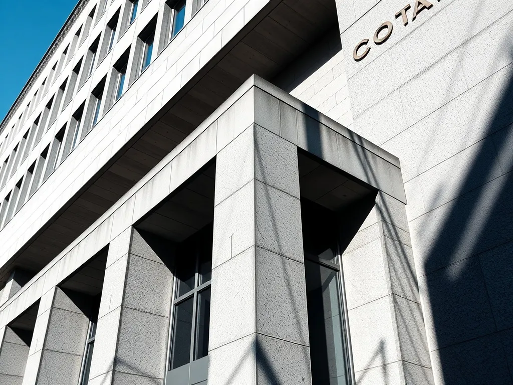 A high-contrast architectural photo of a modern government b