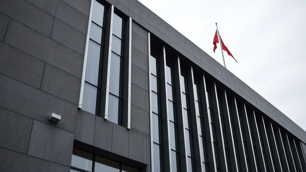 A high-contrast architectural shot of a modern government bu