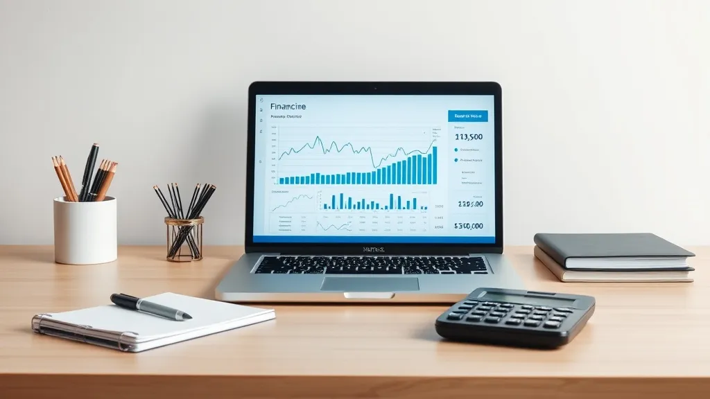 A clean, minimalist office desk with a laptop showing financ